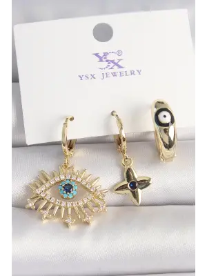Pirinç Gold Renk Zirkon Taşlı Göz Figür Nazar Boncuk Detay 3Lü Kadın Kombin Küpe