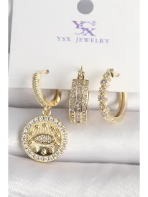 Pirinç Gold Renk Zirkon Taşlı Göz İşlemeli Model  3Lü Kadın Kombin Küpe