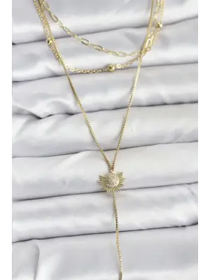 Pirinç Gold Renk Zirkon Taşlı Güneş Model Detaylı 3lü Kombin Y Kadın Kolye