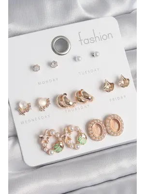 Pirinç Gold Renk Zirkon Taşlı Halka Deniz Yıldızı Figür İnci Detay 7 Çift Kadın Küpe Seti