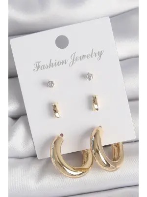 Pirinç Gold Renk Zirkon Taşlı Halka Model 3 Çift Kadın Küpe Seti