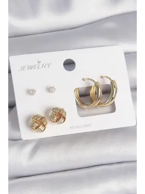 Pirinç Gold Renk Zirkon Taşlı Halka Model Burgu Detay 3 Çift Kadın Küpe Seti