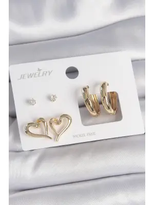 Pirinç Gold Renk Zirkon Taşlı Halka Model Kalp Detay 3 Çift Kadın Küpe Seti