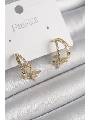  Altın Zirkon Taşlı Halka Model Yıldız Detay Çelik Küpe
