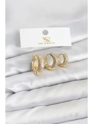 Çelik Gold Renk Zirkon Taşlı Halka Model YSX Trio Küpe Seti