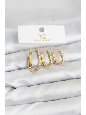 Çelik Gold Renk Zirkon Taşlı Halka Model YSX Trio Küpe Seti