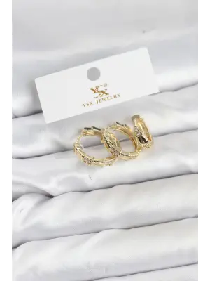 Çelik Gold Renk Zirkon Taşlı Halka Yılan Model YSX Trio Küpe Seti