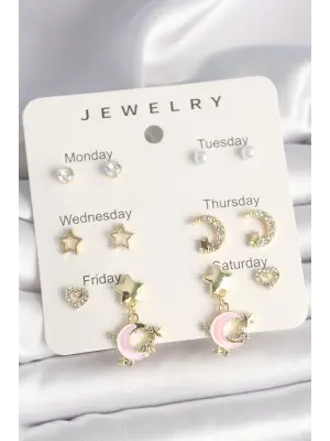 Pirinç Gold Renk Zirkon Taşlı Hilal Figür İnci Detay Sallantı Yıldız Hilal Figür 7Li Kadın Küpe Seti