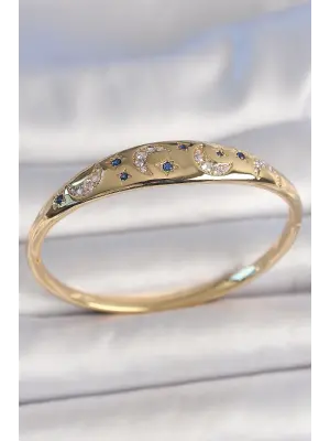 Pirinç Gold Renk Zirkon Taşlı Hilal İşleme Mavi Taşlı Yıldız Detay Kadın Kelepçe