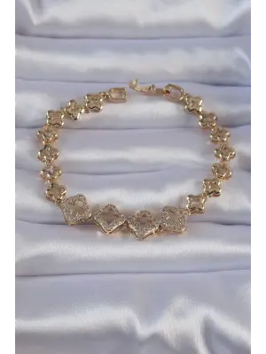 Pirinç Gold Renk Zirkon Taşlı İçi Boş Yonca Figürlü Model Bileklik