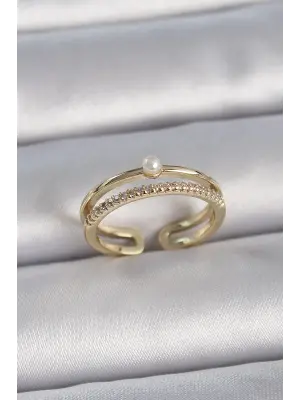  Altın Zirkon Taşlı İnci Detay Ayarlanabilir Model Çelik Yüzük