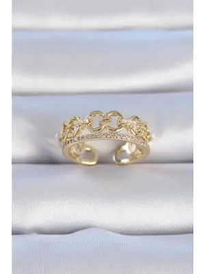  Altın Zirkon Taşlı İnci Detay Çelik Yüzük