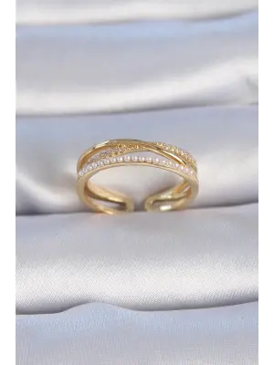  Altın Zirkon Taşlı İnci Detay Çelik Yüzük