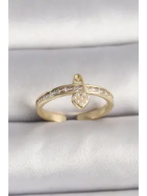  Altın Zirkon Taşlı İnci Detay Kilit Kalp Figür Ayarlanabilir Yüzük