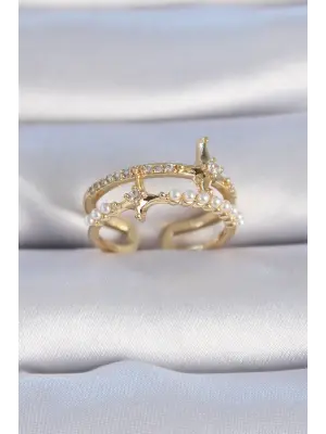  Altın Zirkon Taşlı İnci Detay Kutup Yıldızı Model Çelik Yüzük