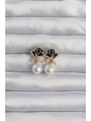  Altın Zirkon Taşlı İnci Detay Siyah Gül Küpe