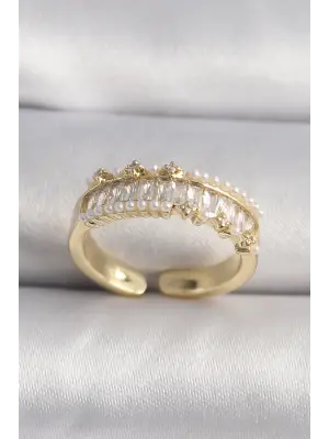  Altın Zirkon Taşlı İnci Detay VIP Seri Çelik Yüzük