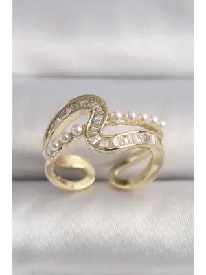  Altın Zirkon Taşlı İnci Detay VIP Seri Çelik Yüzük