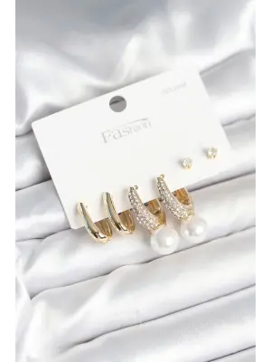 Pirinç Gold Renk Zirkon Taşlı İnci Detaylı 925 Ayar Gümüş Çivili Kadın Küpe Seti