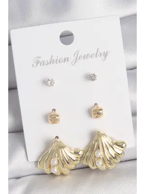 Pirinç Gold Renk Zirkon Taşlı İnci Detaylı Deniz Kabuğu Model 3 Çift Kadın Küpe Seti