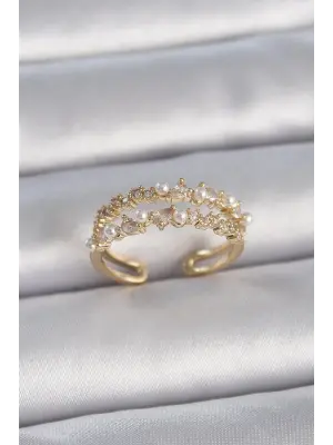  Altın Zirkon Taşlı İncili Ayarlanabilir Model Çelik Yüzük