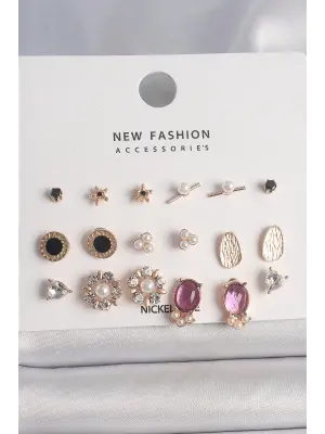  Altın Zirkon Taşlı İncili Çiçek Figür 9 Çift Çelik Küpe Seti