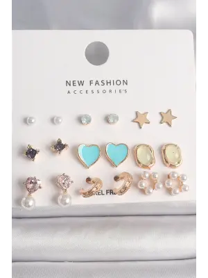  Altın Zirkon Taşlı İncili Çiçek Mavi Kalp Figür 9 Çift Çelik Küpe Seti