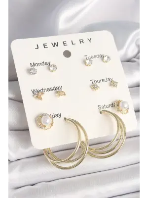 Pirinç Gold Renk Zirkon Taşlı İncili Halka Figür 7Li Set Model Kadın Küpe Seti