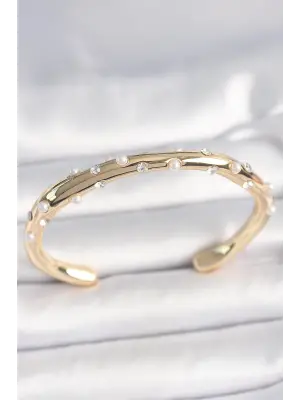 Pirinç Gold Renk Zirkon Taşlı İncili Kadın Bilezik