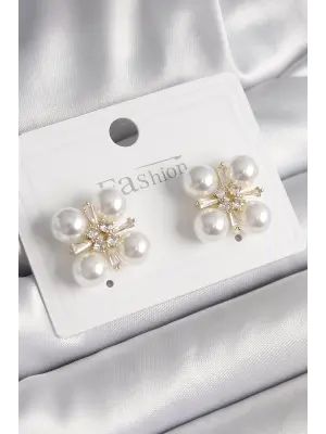  Altın Zirkon Taşlı İncili Çelik Küpe