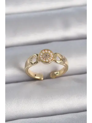  Altın Zirkon Taşlı İncili Kalp İşleme Detay Ayarlanabilir Çelik Yüzük