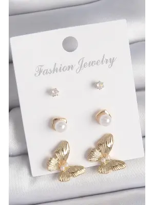 Pirinç Gold Renk Zirkon Taşlı İncili Kelebek Model 3 Çift Kadın Küpe Seti