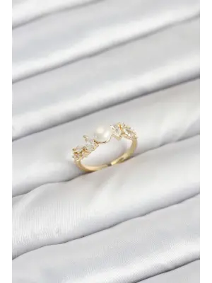 Pirinç Gold Renk Zirkon Taşlı İncili Model Kadın Yüzük