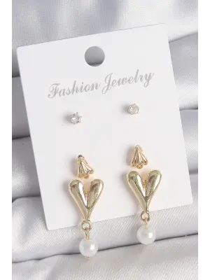 Pirinç Gold Renk Zirkon Taşlı İncili Sallantılı Kalp Model 3 Çift Kadın Küpe Seti