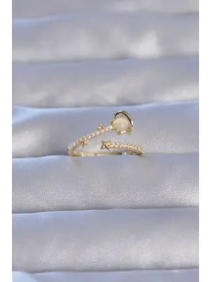  Altın Zirkon Taşlı İncili Satürn Model Ayarlanabilir Yüzük