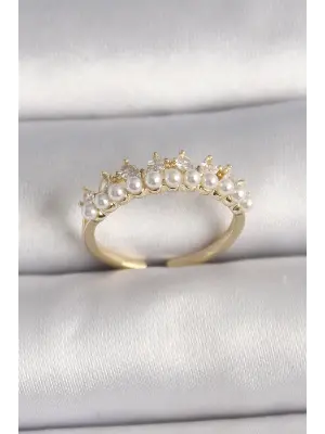 Altın Zirkon Taşlı İncili Taç Model Ayarlanabilir Çelik Yüzük