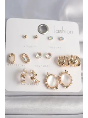  Altın Zirkon Taşlı İncili Xoxo Model 7 Çift Çelik Küpe Seti