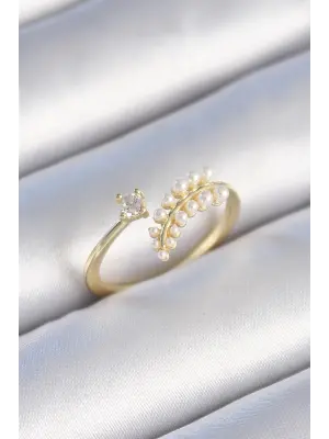  Altın Zirkon Taşlı İncili Yaprak Model Çelik Yüzük