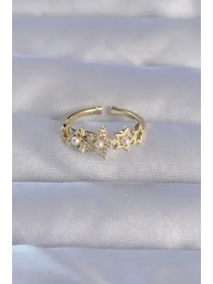  Altın Zirkon Taşlı İncili Yıldız Model Ayarlanabilir Yüzük