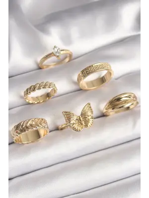  Altın Zirkon Taşlı İşleme Detaylı Kelebek Figürlü 6Lı Çelik Yüzük Seti