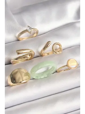  Altın Zirkon Taşlı İşleme Plaka Figürlü Beyaz Daire Mine Detaylı 6Lı Çelik Yüzük Seti