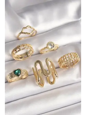  Altın Zirkon Taşlı İşleme Plaka Model Yeşil Kalp Detay 6Lı Çelik Yüzük Seti