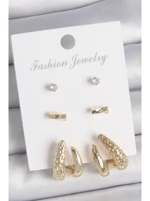 Pirinç Gold Renk Zirkon Taşlı İşlemeli Motif Model 3 Çift Kadın Küpe Seti