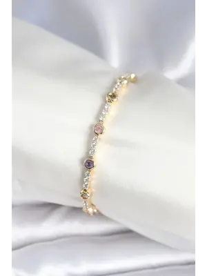 Pirinç Gold Renk Zirkon Taşlı Kadın Bileklik