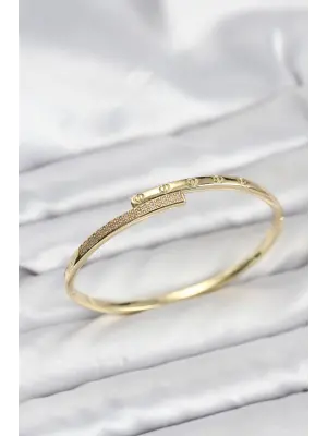 Çelik Gold Renk Zirkon Taşlı Kadın Kelepçe Bileklik