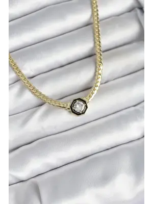 Pirinç Gold Renk Zirkon Taşlı Kadın Kolye