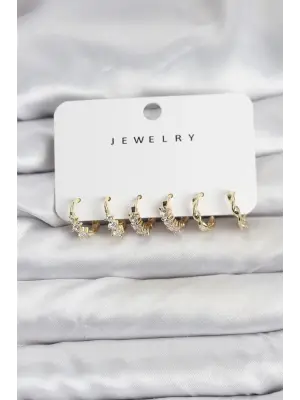 Pirinç Gold Renk Zirkon Taşlı Kadın Küpe Seti