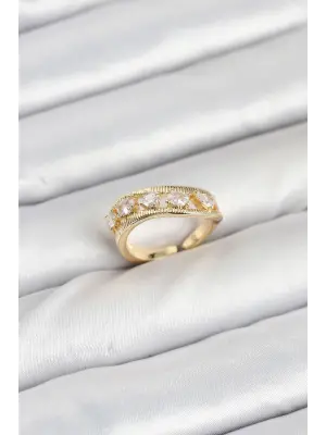 Pirinç Gold Renk Zirkon Taşlı Kadın Yüzük