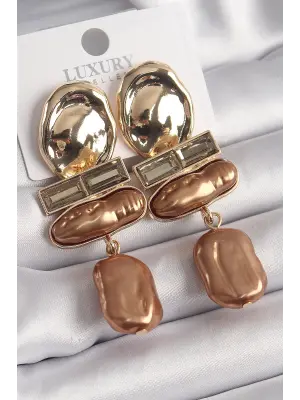  Altın Zirkon Taşlı Kahverengi İnci Ezme Model Vintage Çelik Küpe