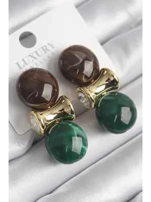  Altın Zirkon Taşlı Kahverengi Yeşil Doğal Taşlı Vintage Çelik Küpe